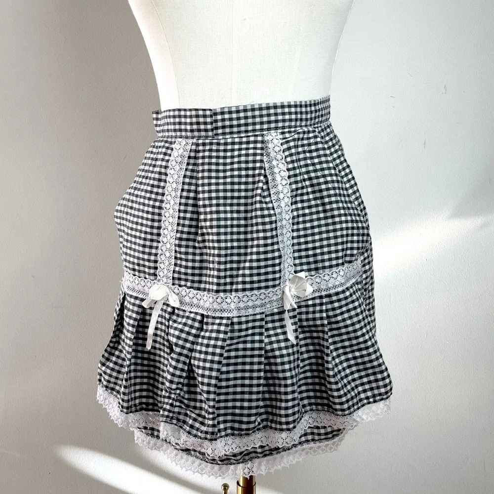 Vintage Gingham Half Apron Black White Check Lace Trim Bows Cottagecore Retro